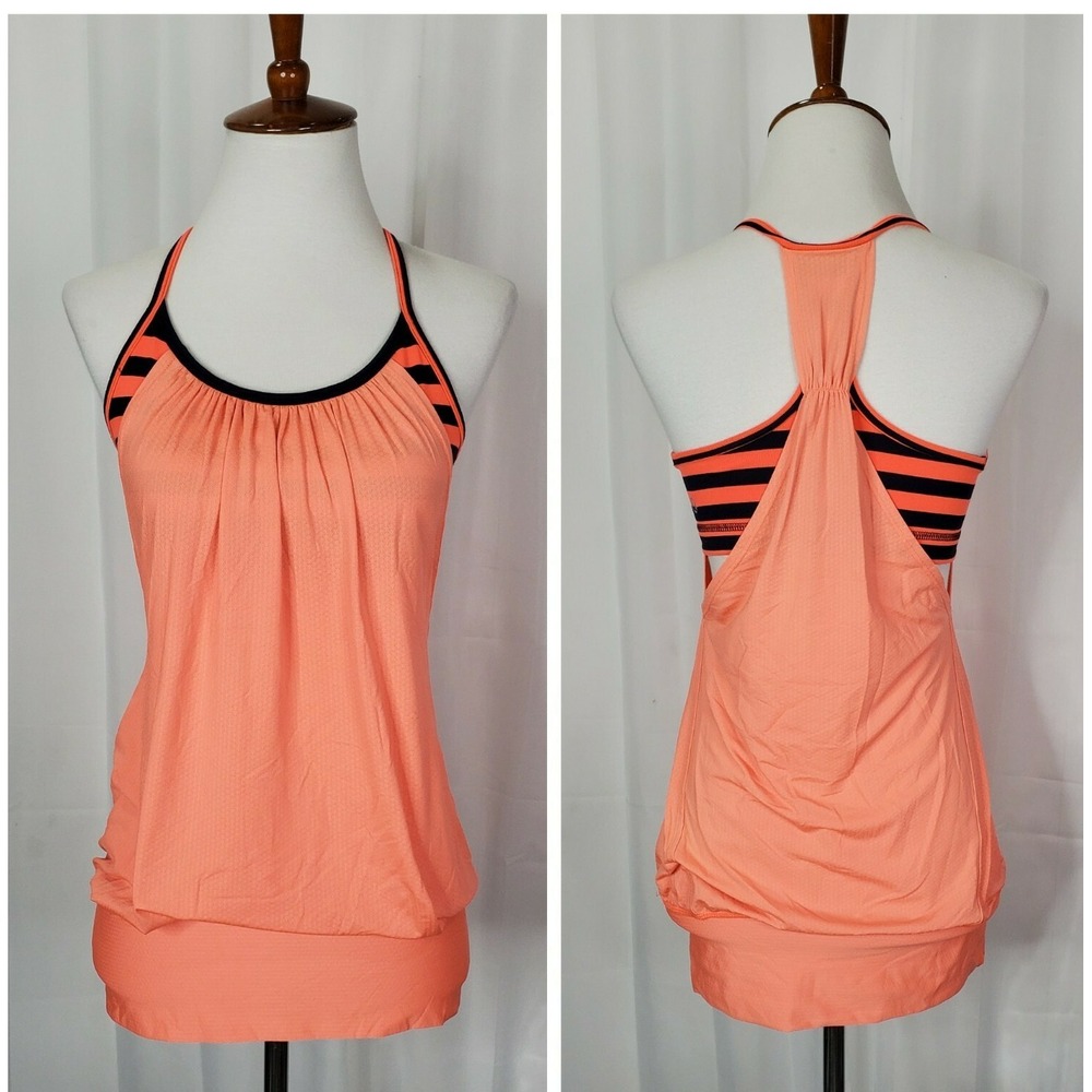 Lululemon No Limits Striped Yoga Tank Top Size 4 Orange & Navy Built In Bra